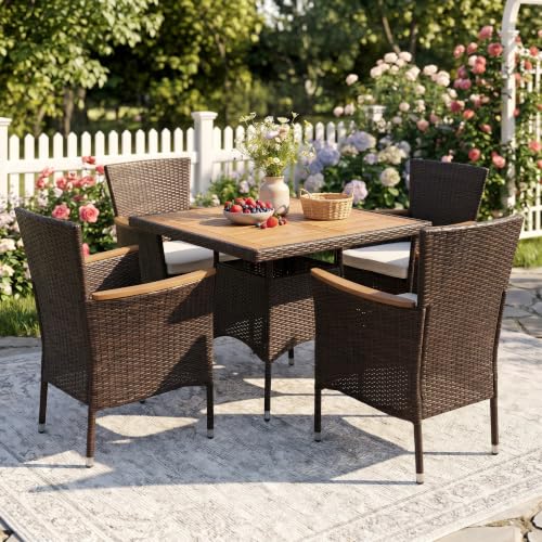 Image of Wisteria Lane Patio Outdoor Table and Chairs Set, Rattan Outdoor Patio Furniture Set with Removable Cushions, Outdoor Patio Dining Sets with Acacia Wood Tabletop for Garden Backyard Deck, Brown