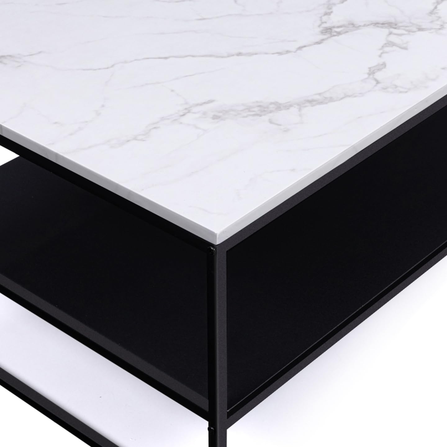 IDMarket - Tavolino con doppio piano, effetto marmo e legno nero, base in metallo ALASKA