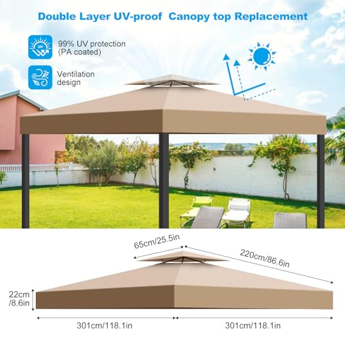 10x10 Canopy Replacement Top, Double Tiered Gazebo Cover with Air Vent Heavy Duty, Waterproof Gazebo Roof with Upgraded 300D Polyester for Outdoor Patio Garden Canopy (Khaki, Flat Edge) - Thumbnail 4