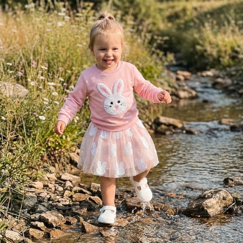 Image of Toddler Girl Easter Outfit Cute Bunny Letter Embroidery Sweatshirt Party Tutu Tulle Skirt Kids Spring Clothes