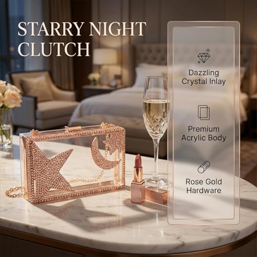 Image of Ladies Clear Acrylic Moon and Star Rhinestone Chain Bag Sparkly Transparant Clutch Purse for Women Evening