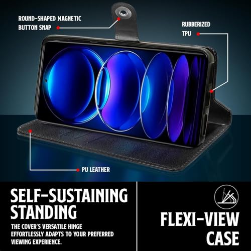 Image of WOW IMAGINE Shock Proof Flip Cover Back Case for Redmi Note 12 Pro 5G (Magnetic Button Flip Case | Wallet Pockets & Stand | Leather Finish | Haze Black)