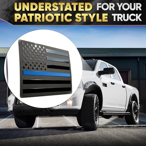 Image of 3D Black American Flag Decal for Car with Blue Line | Embossed Aluminum - 1 Pair 5 inchx3 inch Matte Black Brushed Metal | UV-Proof Rust-Free US Flag Stickers for Car, Truck, SUV, Motorcycle, Laptop, Mailbox