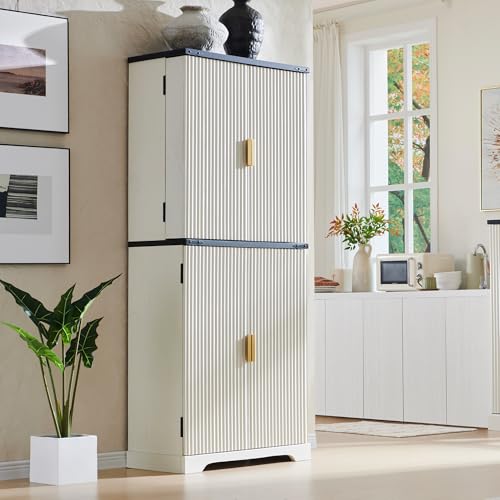 Fluted Pantry Cabinet, 72" Tall Modern Storage Cabinet with 4 Doors, Organizer, Drawer and Adjustable Shelves, Wood Cupboard for Kitchen, Dining Room, Living Room and Bathroom, Off White