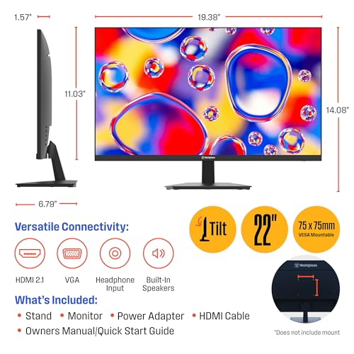 Image of Westinghouse 22 Inch Computer Monitor, 100Hz, 1080p Full HD IPS Display, Adaptive Sync, Blue Light Protection, Home Office PC Screens with Built in Speakers, HDMI, VGA, for Work & Productivity