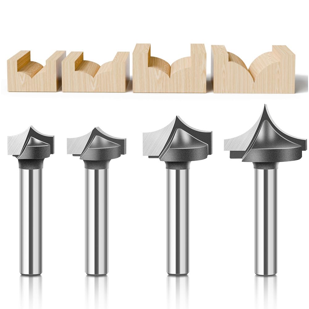 WSOOX 4PCS Point Cutting Round Over Bit Set With 1/4" Shank Carbide Router Bits for Woodworking Carving Cutting Diameter:1/2",5/8",3/4",7/8"