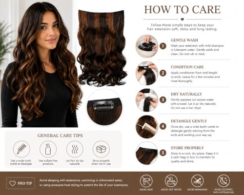 Image of Women Hair Extension Long Curly Wavy Dark Brown With Chestnut Highlight 18 Inches Hairpiece With 5 BB Clip /Hair Extension for Women Party /Halloween /Christmas