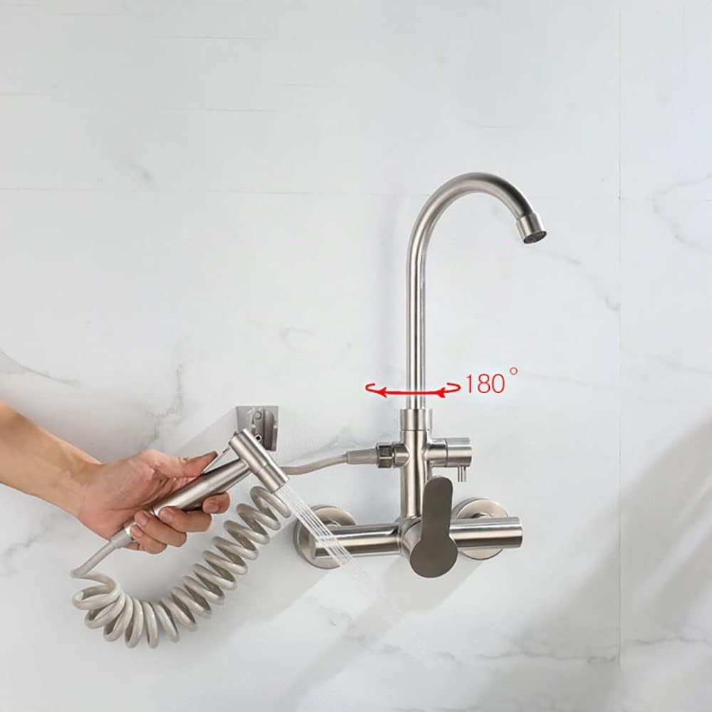 HomeLava Wasserhahn Küche Wandarmatur Wandmontage 360° Drehbare Edelstahl Spültischarmatur Kalt und Heiß Einhebelmischer Küchenarmatur Armatur mit Spritzpistole, Gebürstet