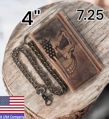 F&L CLASSIC RFID Blocking Mens Tri-fold Long Style Cowhide Leather Steel Chain Wallet,brown flag/skull,212-1032