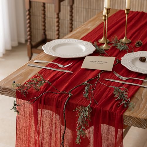 Image of Red Cheesecloth Table Runner 120 Inches for Party Home Decorations | For Wedding Baby Shower Bridal Shower Birthday Engagement Party 10FT Rustic Boho Home Decor