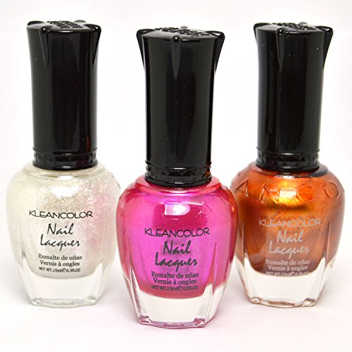 3 Kleancolor Nail Polish Metallic White Pink Mango Dark Color Lacquer 3SET51 + Free ZipBag
