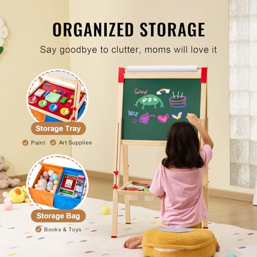 Image of VEVOR Art Easel for Kids, 3-in-1 Wooden Double-Sided Kid's Art Easel with Magnetic Whiteboard, Chalkboard, Paper Roll, Adjustable Standing Drawing Board with Painting Accessories, Storage for Boy Girl