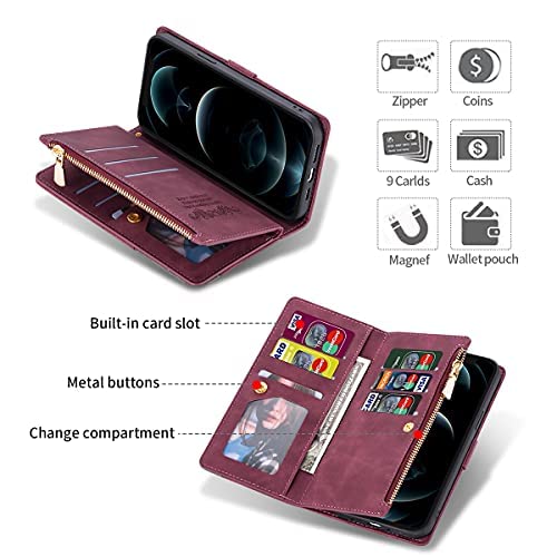 ZCDAYE Wallet Case for Samsung Galaxy S21 FE Case with 9 Card Slots Zipper Pocket Handbag Wristlet Folio Flip Cover for Samsung Galaxy S21 FE-Wine Red