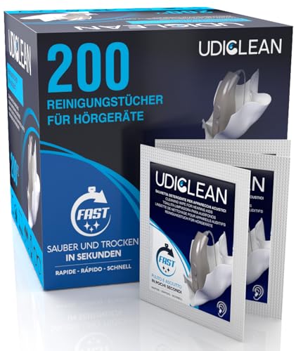 200 Udiclean-Reinigungstücher für die Reinigung und Pflege von Hörgeräten Befeuchtete und einzeln verpackte Schnelltrockentücher beseitigen Fett Schweiß und Schmutz