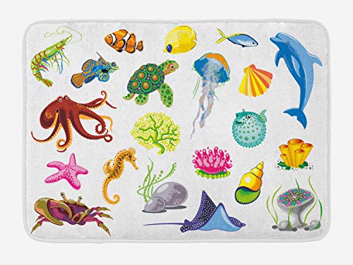 Ambesonne Marine Bath Mat, Sea Animals Octopus Dolphin Shells Stingray Crab Turtle Jellyfish Wildlife Graphic, Plush Bathroom Decor Mat with Non Slip Backing, 29.5" X 17.5", White Green