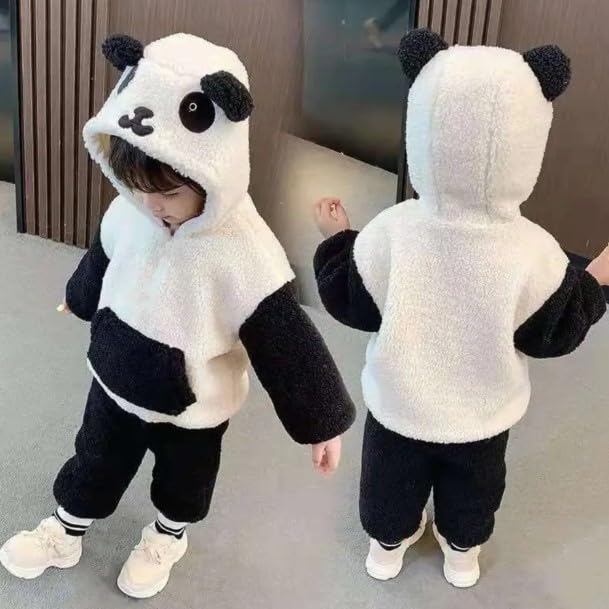 AMEEHA Kids Cartoon Design Hooded Fur Fleece Tracksuit Set, Winter Wear (IN, Age, 12 Months, 18 Months, Black-White) 3