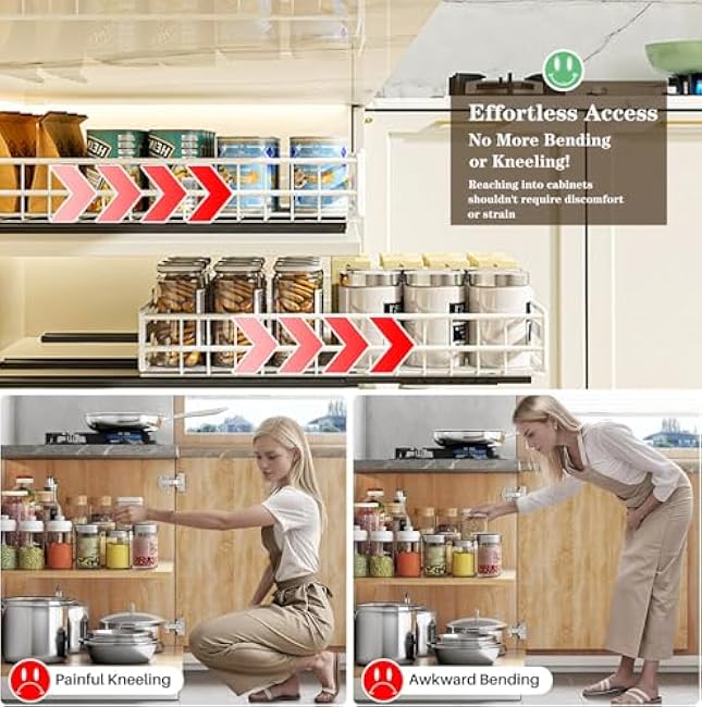 2pack Pull Out Cabinet Organizer, Expandable Slide Out Drawers for Kitchen Cabinets, Drawers Fixed with Adhesive Nano Film, Upgrade 3 Slide Rails, Adjustable Width 12-20.45 White