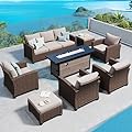 SUNSHINE VALLEY Patio Furniture Set Outdoor Furniture Brown Wicker Rattan Patio Conversation Sets with Cushion Outside Sofa Set,7 Pieces with Rectangular Firepit Table,9 Seats,Beige