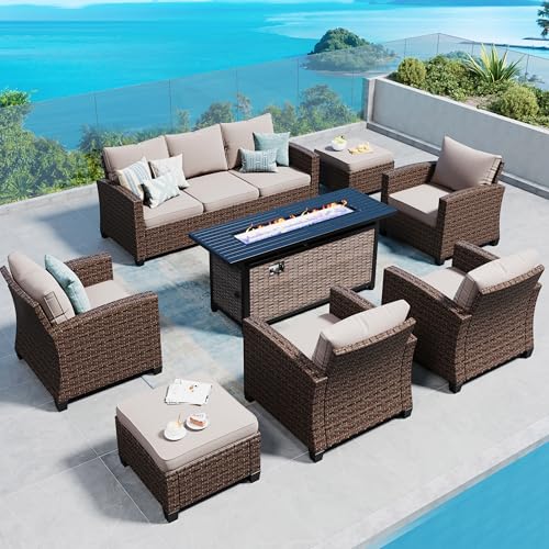SUNSHINE VALLEY Patio Furniture Set Outdoor Furniture Brown Wicker Rattan Patio Conversation Sets with Cushion Outside Sofa Set,7 Pieces with Rectangular Firepit Table,9 Seats,Beige