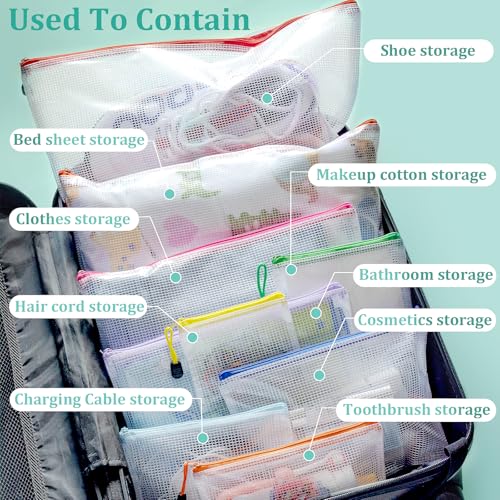 Image of 24pcs Mesh Waterproof Pouch Bags, 9 Sizes Clear Pouches, Organizer Bags with Zipper, 8 Colors for Travel & Toy Storage
