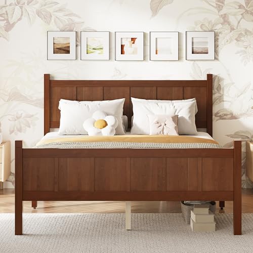 Image of Full Size Vintage Bed Frame with Headboard, Farmhouse Wooden Platform Bed with Under-Bed Storage, Minimalist Modern Wood Grain Finish Bedframe for Bedroom (Dark Walnut)