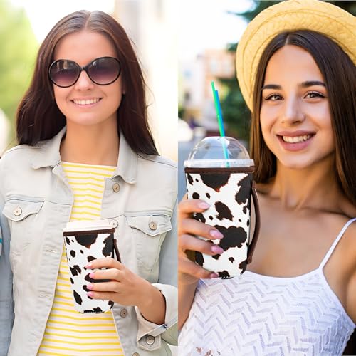 Image of KJQJLY 3 Pack Reusable Iced Coffee Sleeves for Iced Coffee Cups or Drinks Reusable Neoprene Insulated Sleeves for Hot and Cold Drinks from Starbucks, Dunkin, And More (Brown cow)