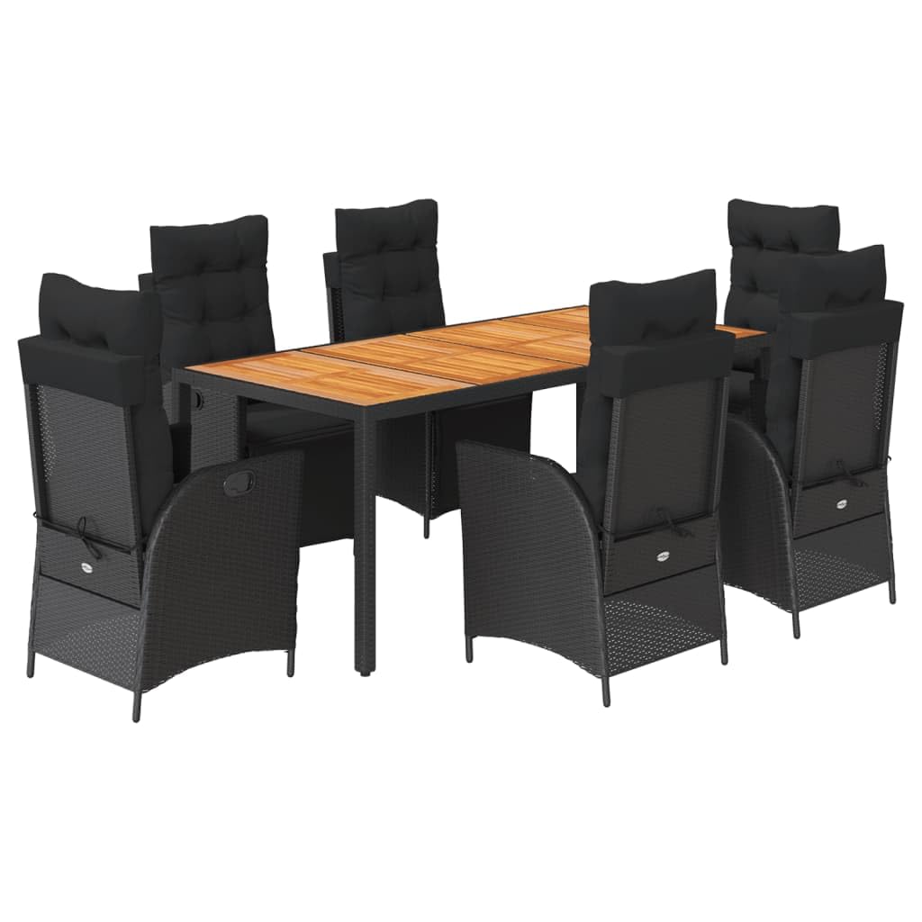 7-częściowy zestaw mebli ogrodowych z czarnego polirattanu, regulowany fotel relaksacyjny z poduszkami, stół z drewna akacjowego 190 x 90 cm, odporny na promieniowanie UV, na taras, balkon