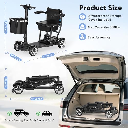 Image of 4 Wheels Mobility Scooters for Seniors,39LBS Light Frame&15 Miles Travel Range&350LBS Capacity&270W Brushless Motor Powered Wheelchair Folding Electric Scooter&Dust Cover&LED Lights&Auto Brake-Black
