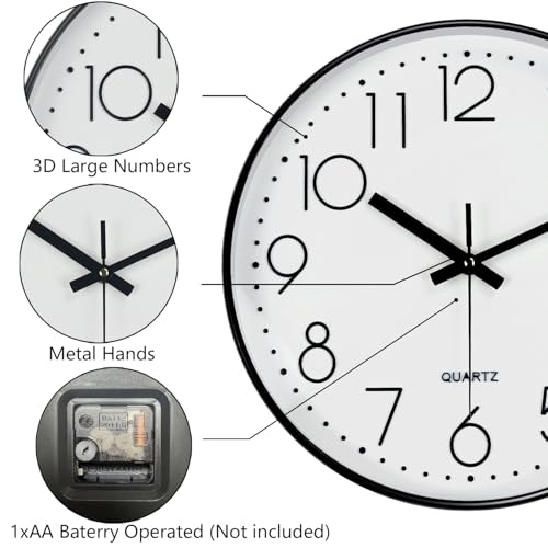 Image of Modern Silent Wall Clock - 12 Inch Wall Clocks Battery Operated Large Number, Non-Ticking Analog Clock with Tempered Glass Quartz Clocks for Living Room Bedroom Office Kitchen, White Black
