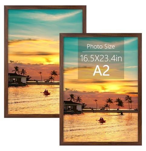 Frametory, A2 Frame Set of 2, 16.5x23.4 inch Picture Frame with Plexiglass, Gallery Wall Frame - Horizontal and Vertical Wall Mounting Hardware (Brown, 2-Pack)