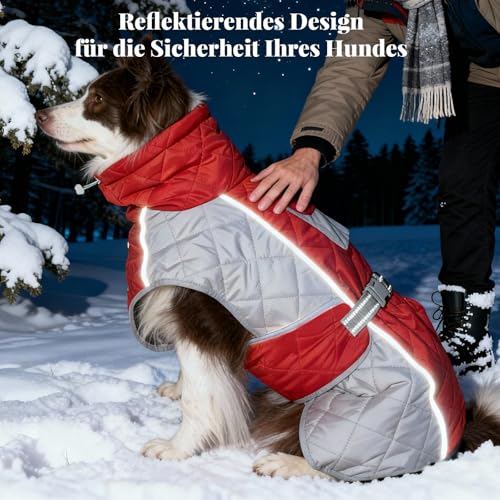 BECROWM Hundemantel mit, Winddicht und wasserdicht, verdickter Kragen für Windschutz, verstellbare Schnalle, Winterjacke Hunde (Rot/Grau, L (63,5-73,7 cm))