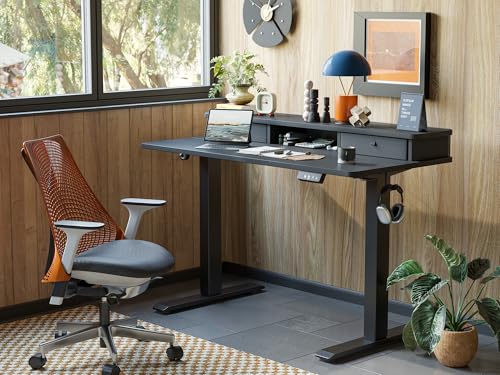 Image of TIQLAB Standing Desk with Two Drawers, Stand Up Standing Desk Adjustable Height, Electric Sit Stand Table with Storage Shelf and Splice Board, 55 * 24 inch, Black