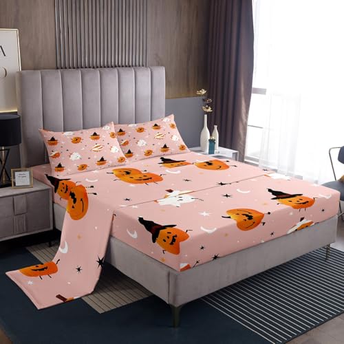 Homemissing Juego de sábanas para niños de 135 x 200 cm, diseño de calabaza y farol, para niños, niñas, lindo, fantasma, con bolsillo profundo, hoja montada para mujeres y hombres, juego de sábanas de
