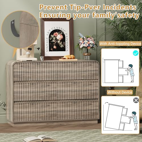 Image of Wodeer Grey Dresser Fluted 6 Drawers Dresser for Bedroom, 47 inch Wide Wood Chest of Drawers with Hidden Handles & Rounded Corners, Modern TV Stand Storage Cabinet for Living Room, Hallway, Entryway