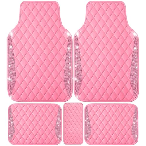 NBTEPEM Pink Bling Leather Car Floor Mats Full Set