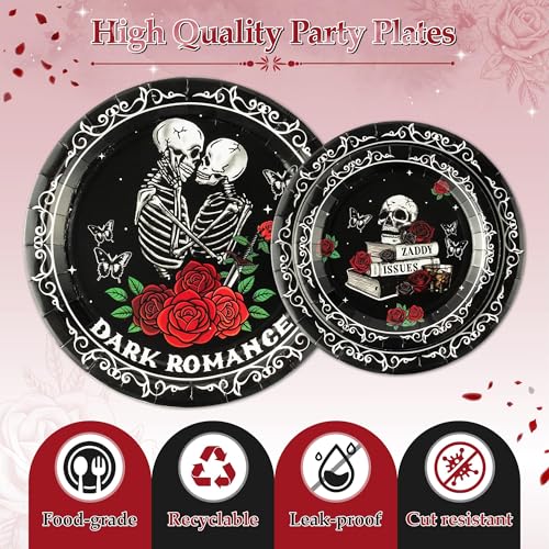 G1ngtar 96Pcs Dark Romance Book Lover Skull Rose Black Gothic Party Plates Supplies Tableware Decorations Disposable Paper Plates Napkins Forks for Birthday, Serves 24 - image 3