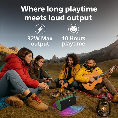 Image of PHILIPS Audio TAS2400GR Portable Bluetooth Speaker with Stereo Sound, 32W RMS, 2400mAh Rechargeable Battery, BT v5.3 Connectivity, IPX4 Waterproof, Supports TF /USB /BT Modes with Hanging Strap (Green)