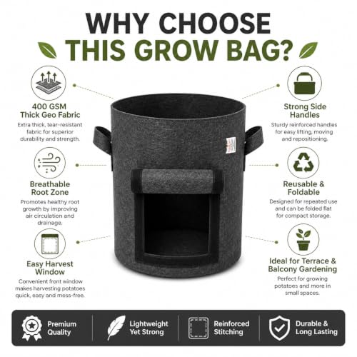 Image of Casa De Amor 15x12 Inch Potato Grow Bags for Root Vegetables, Geo Fabric 400 GSM Plant Bag (Black Color, Pack of 1)