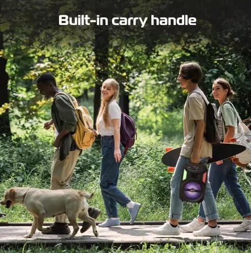 Group of people walking outdoors with the Megabass V3 speaker, demonstrating its portability with the built-in carry handle.