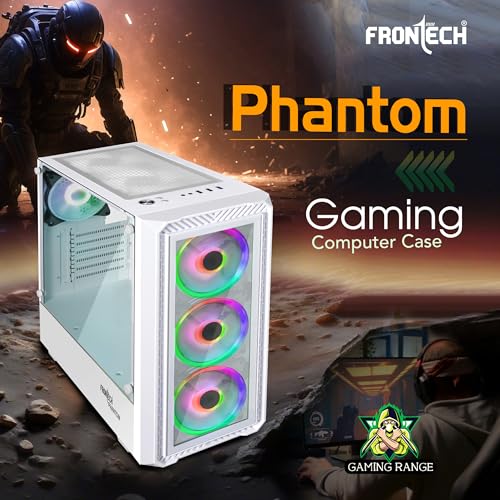 Image of Frontech Phantom Gaming Computer Cabinet | Mid-Tower PC Case | Tempered Glass Front & Side Panel | 3 Pre-Installed RGB Fans | USB 3.0 (FT-4344, White)