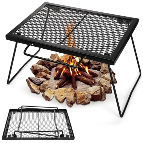 Elsjoy Folding Campfire Grill Grate with Carrying Handle, Portable Camping Grill Over Fire Mesh Grate, Heavy Duty Steel Grate for Outdoor Cooking, Picnic, BBQ