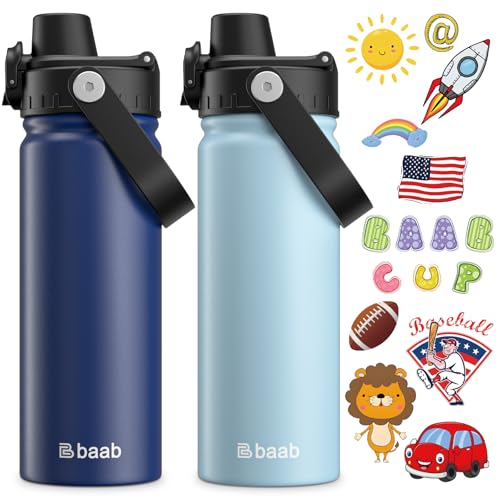 Image of baab 18oz Kids Water Bottle, Insulated Kids Water Bottle with Lockable Spout Lid & Stickers, 18 /8 Stainless Steel Vacuum Leakproof Kid Water Cup for Boy Girl School (Navy Blue+Light Blue, 2 Pack)
