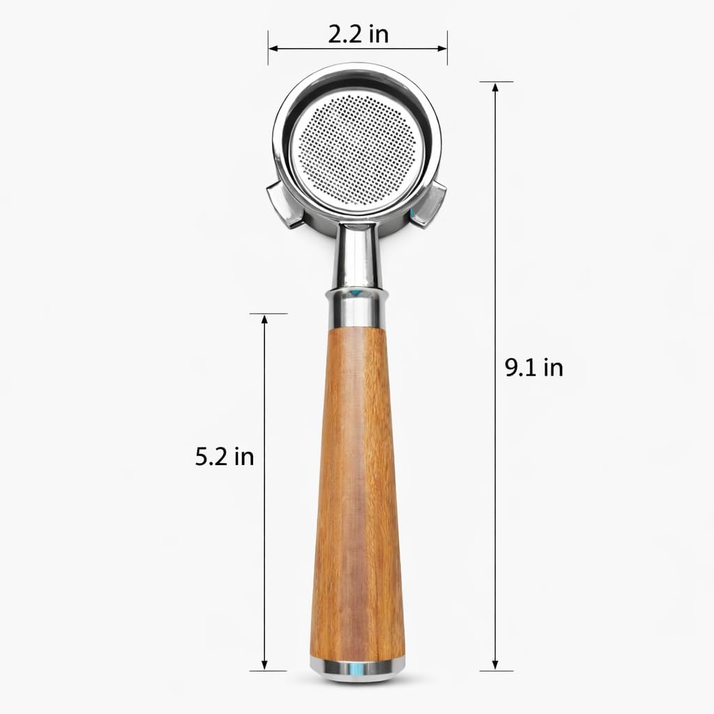54mm Espresso Portafilter with Wooden Handle – Stainless Steel Bottomless Double Spout Coffee Filter Holder Compatible with Semi-Automatic Espresso Machines