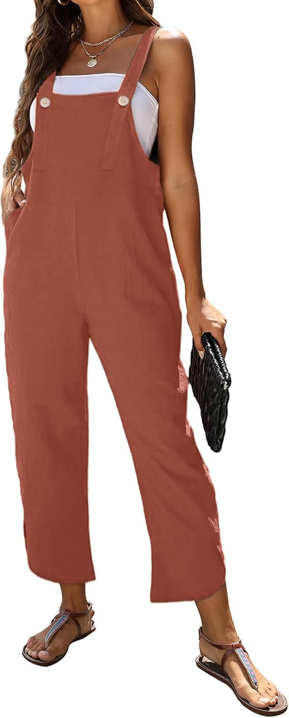 Women's Sleeveless Cotton Linen Overalls Rompers Baggy Wide Leg Jumpsuits