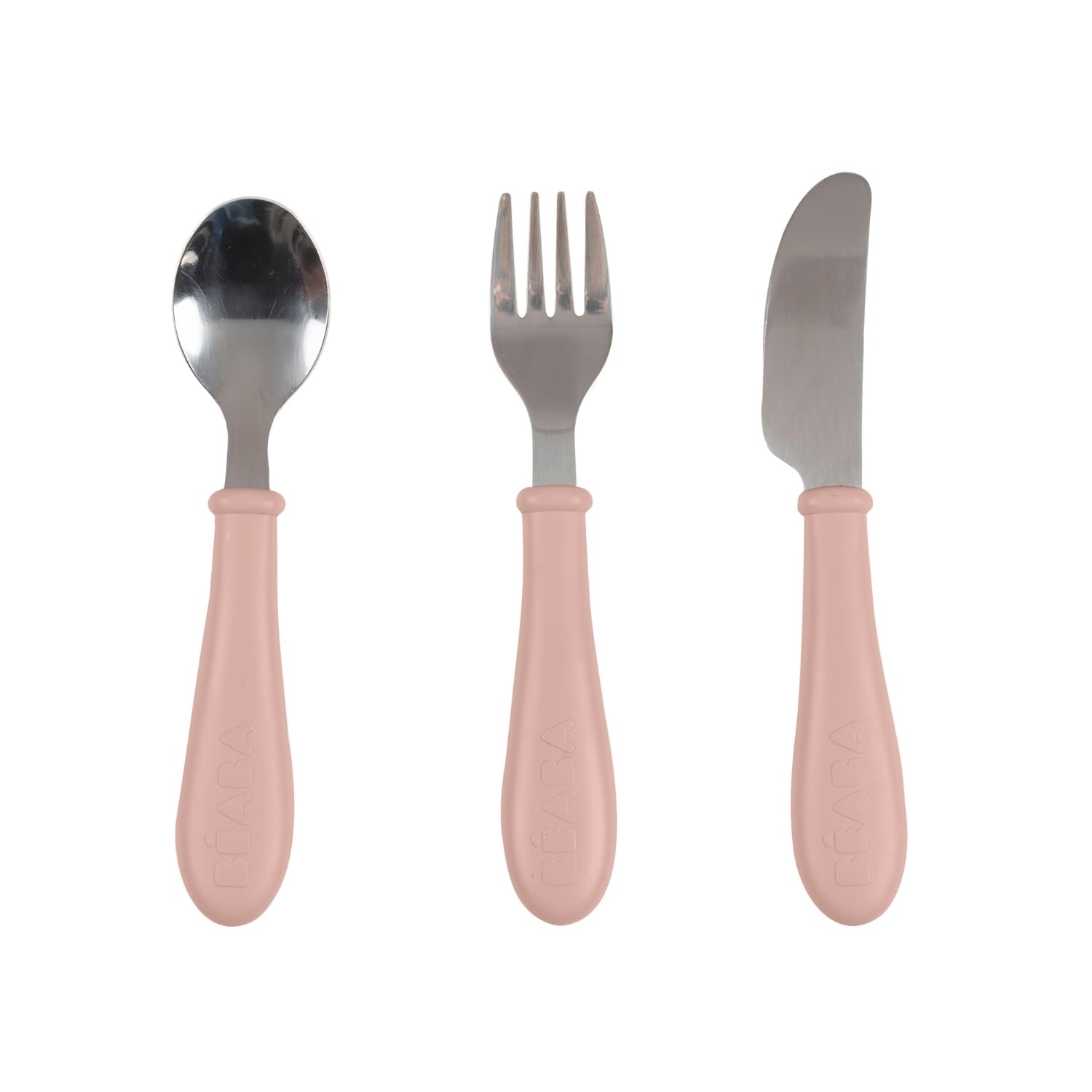 BÉABA, Set of 3 Stainless Steel Learning Cutlery - 2nd Stage, from 12 Months, Easy Grip for Baby Candy Pink