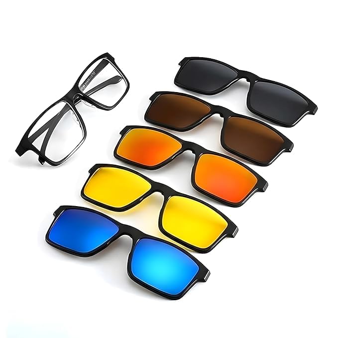 Image of 5 in1 Non Polarized Magnetic Clipon Rectangular UV Protected Sunglasses Eye Glasses With 400 Night draving Men Women Unisex