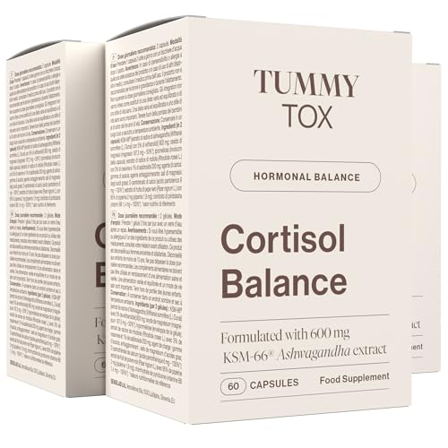 Cortisol Balance - Ashwagandha KSM 66 600 mg, Rhodiola Rosea, Magnesio, Vitamina B6 y Vitamina B5 - Antiestres, Ansiedad - 180 Cápsulas de Tummy Tox