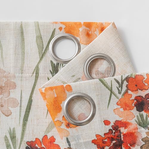 Image of MYSKY HOME Orange Linen Floral Curtains Semi Sheer Grommet Drapes Light Filtering & Privacy Protect, Farmhouse Window Treatments for Bedroom Living /Dining Room,52 inchx95 inch,2 Pcs