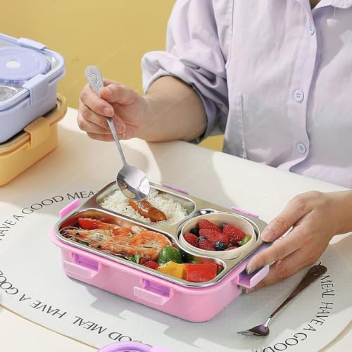 Image of Storio Lunch Box 3 Compartments 750ml | Leak-Proof BPA-Free Stainless Steel /Plastic Lunchbox for Kids, School & Office | Tiffin Box with Extra Small Container | Durable & Easy to Clean - Pink