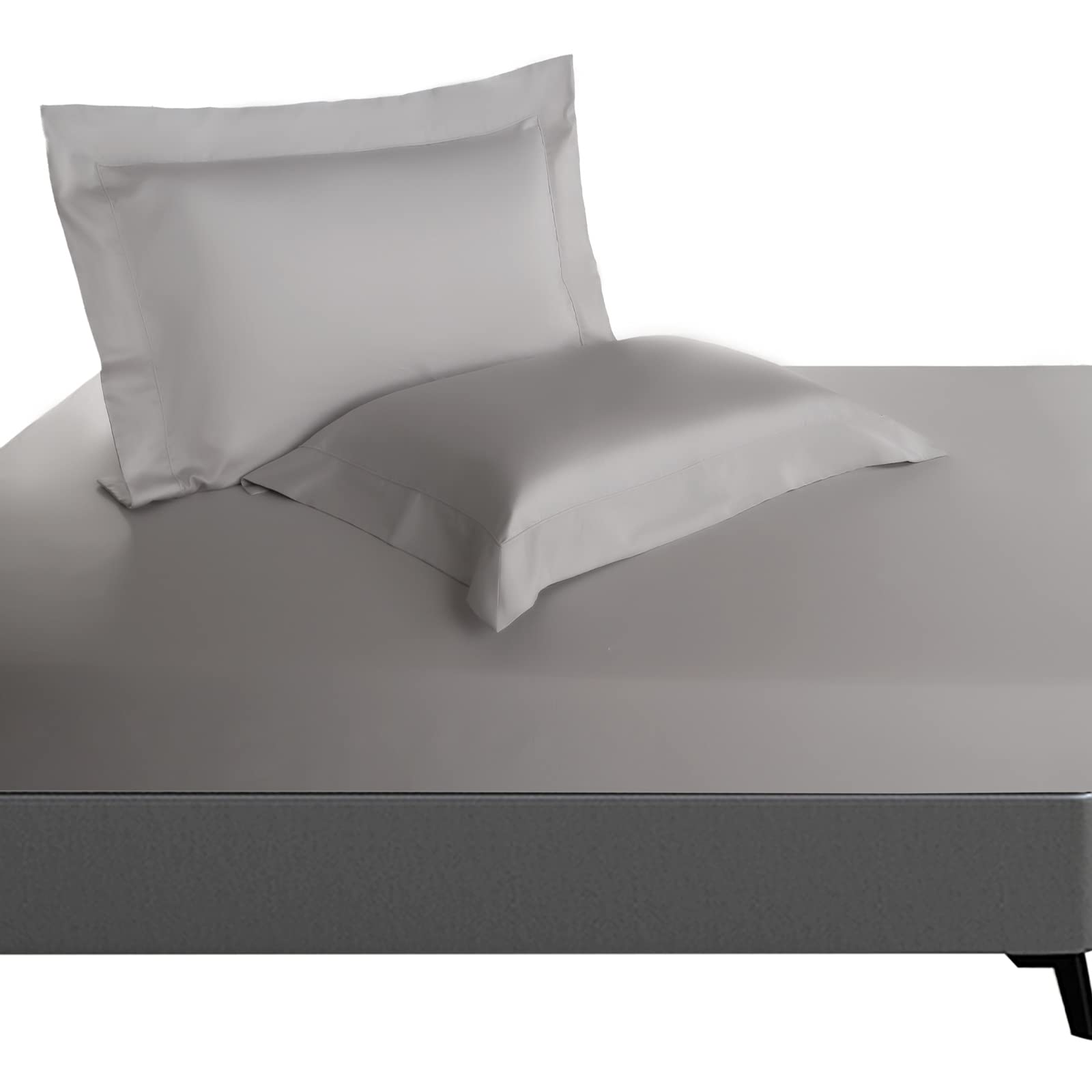 Chenille Home Fitted Sheet & Pillowcase, 400 Thread Count Single Bed, Sateen Weave, 100% Long Staple Cotton Set, 40cm Deep Pocket(120x200 Silver)